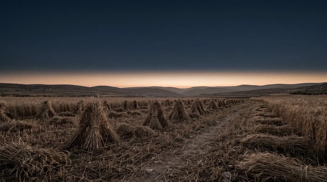 A harvested barley field, the sheaves standing and loose ears left along its edges.