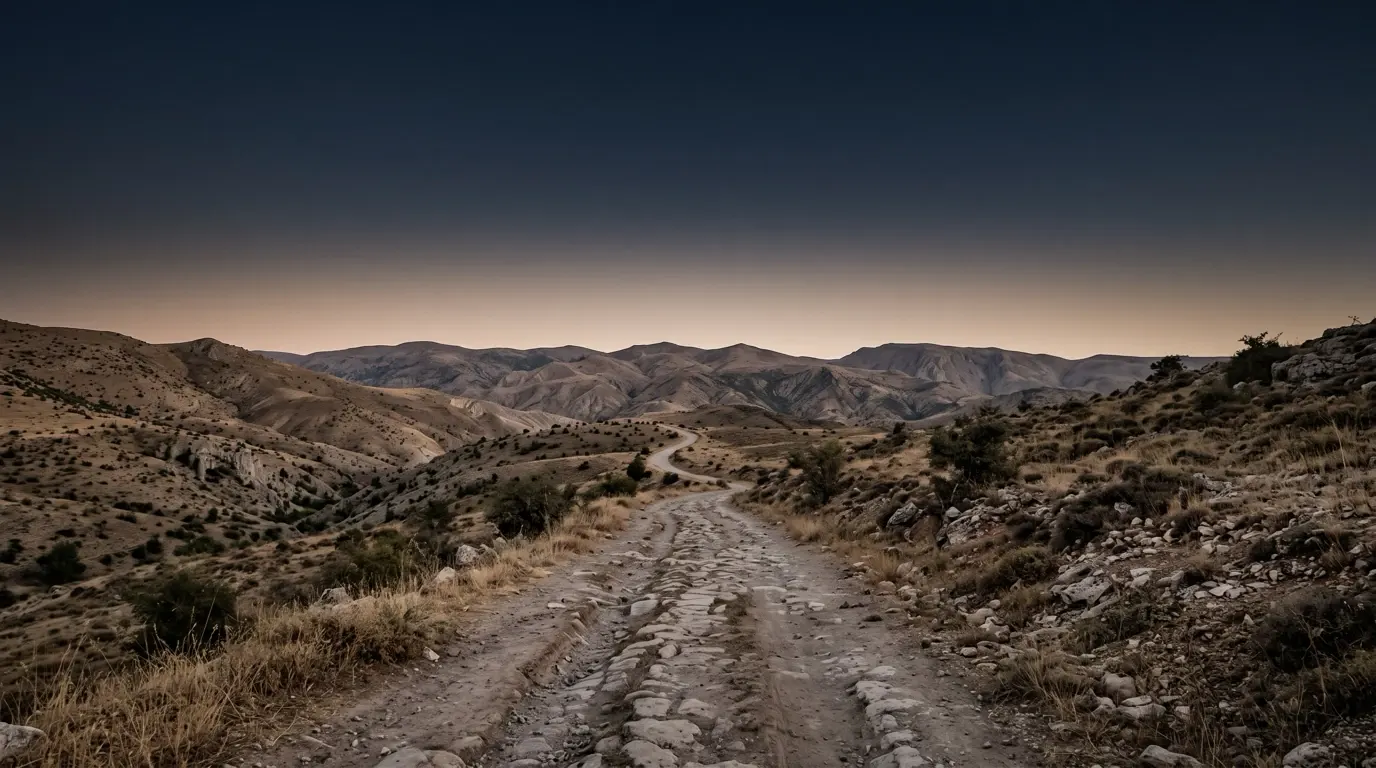 An old stone road leading away over dry hills.