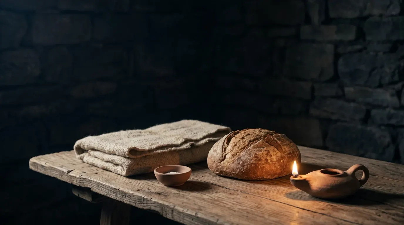 A round loaf of bread and a folded woollen garment on a plain wooden table beside a clay lamp.
