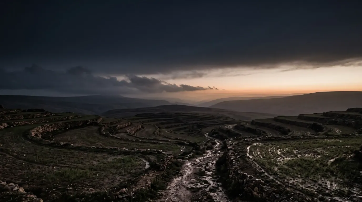 Terraced fields turning green again as rain clouds pass over.
