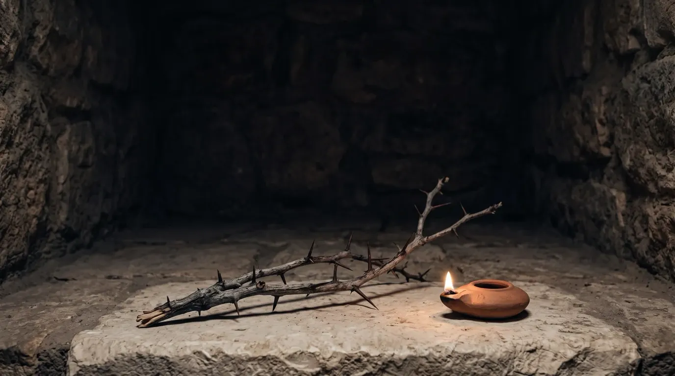 A single thorny branch lying on a stone ledge beside a clay lamp.