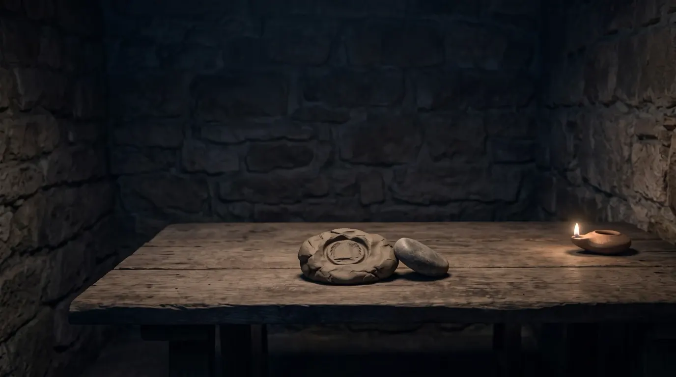 A lump of soft clay pressed with a plain stone seal on a rough wooden table.
