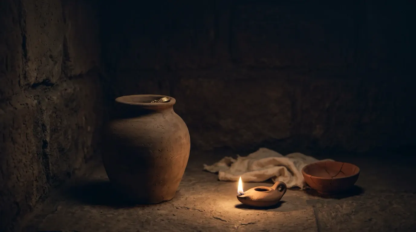 A plain clay jar on a stone floor, a clay lamp burning beside it.