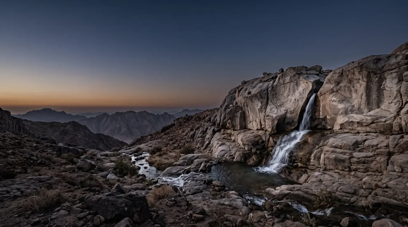 Water pouring from a cleft in a granite rock face in the desert.