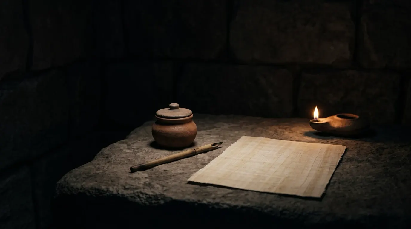 A reed pen, an ink jar and a blank sheet of papyrus set aside on a stone ledge beside a clay lamp.