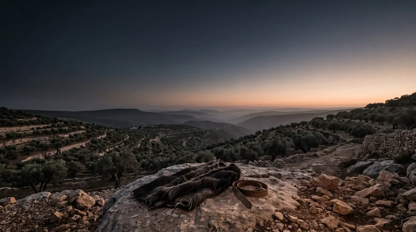 A rough cloak of dark hair and a leather belt lying on a flat rock above terraced olive slopes.