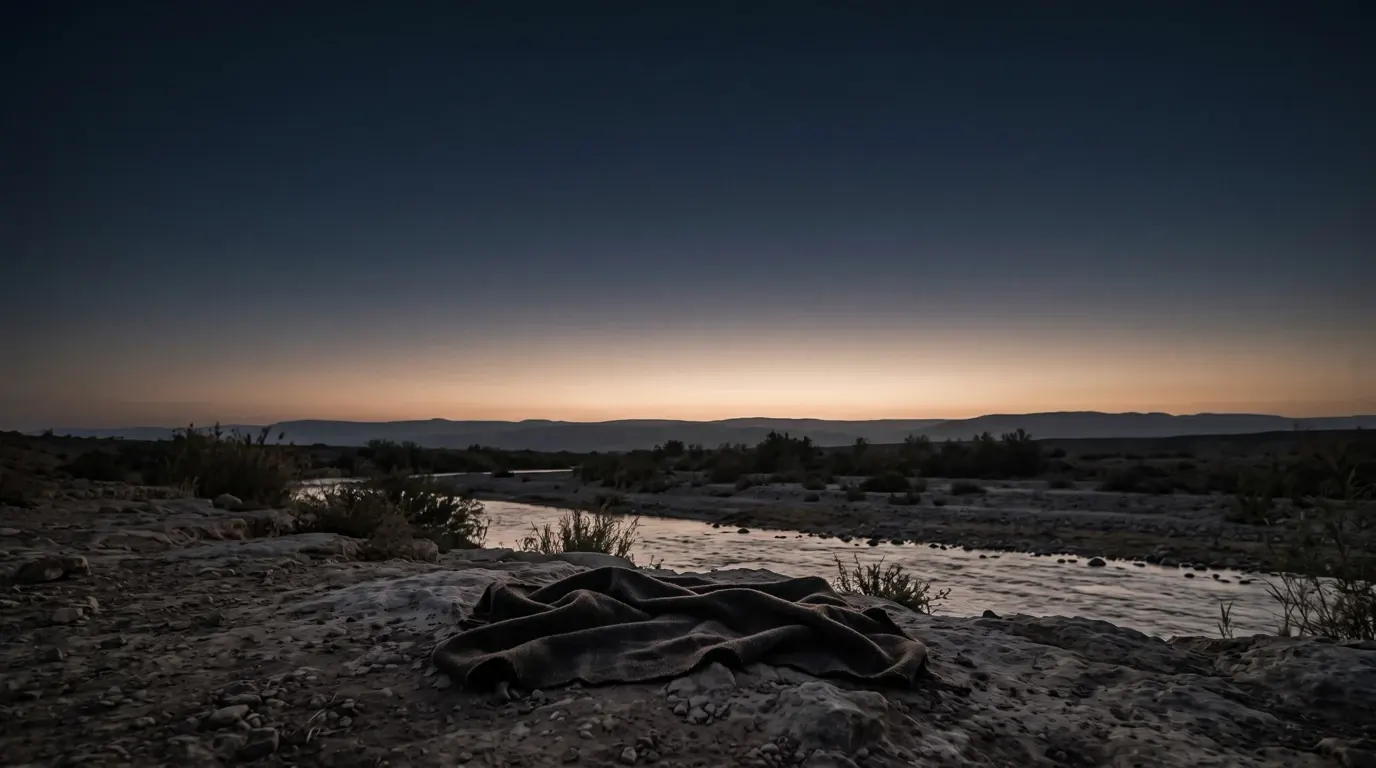 A rough woollen mantle lying on the bank of a river.