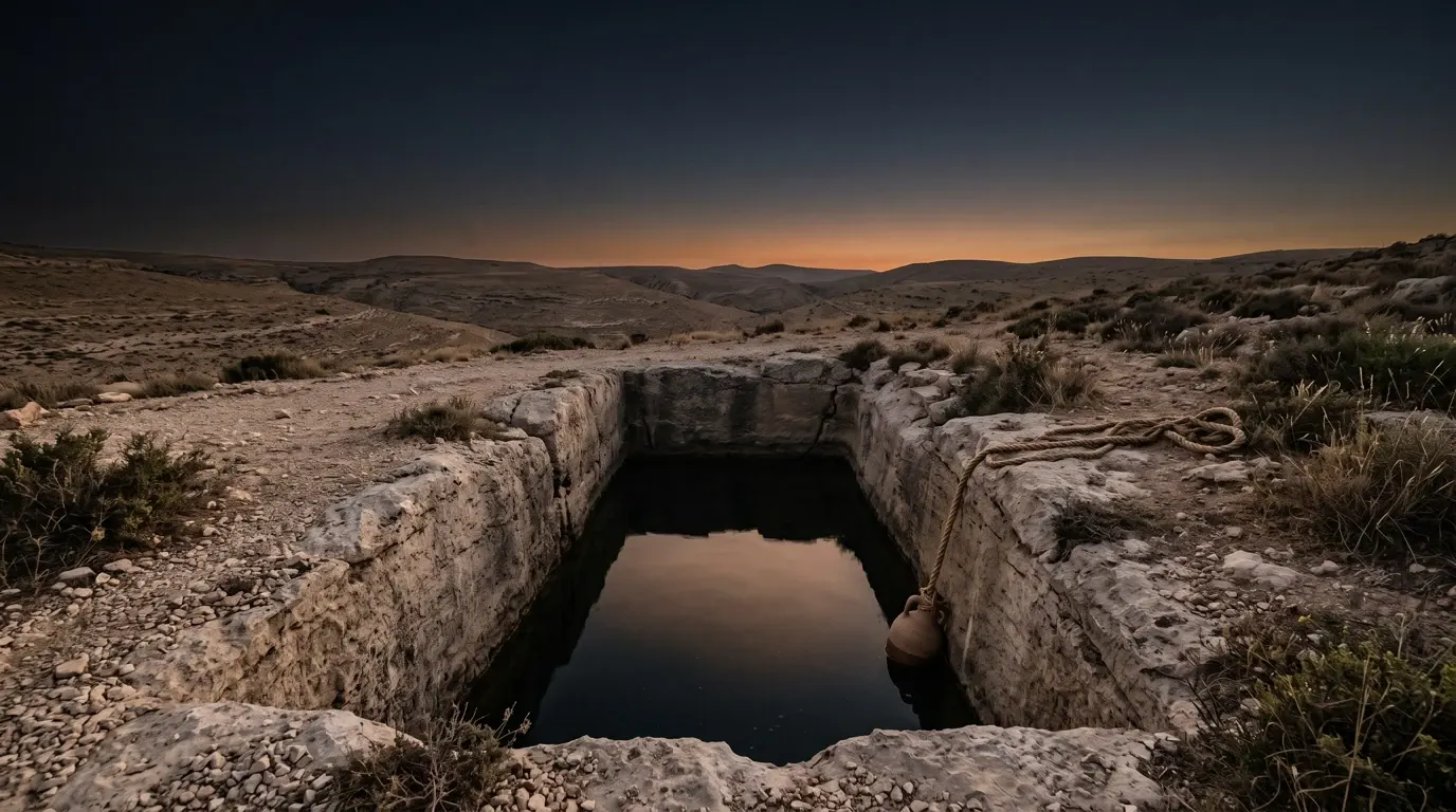 A deep cistern cut in the rock, dark water at its bottom, a rope and a clay jar at its lip.