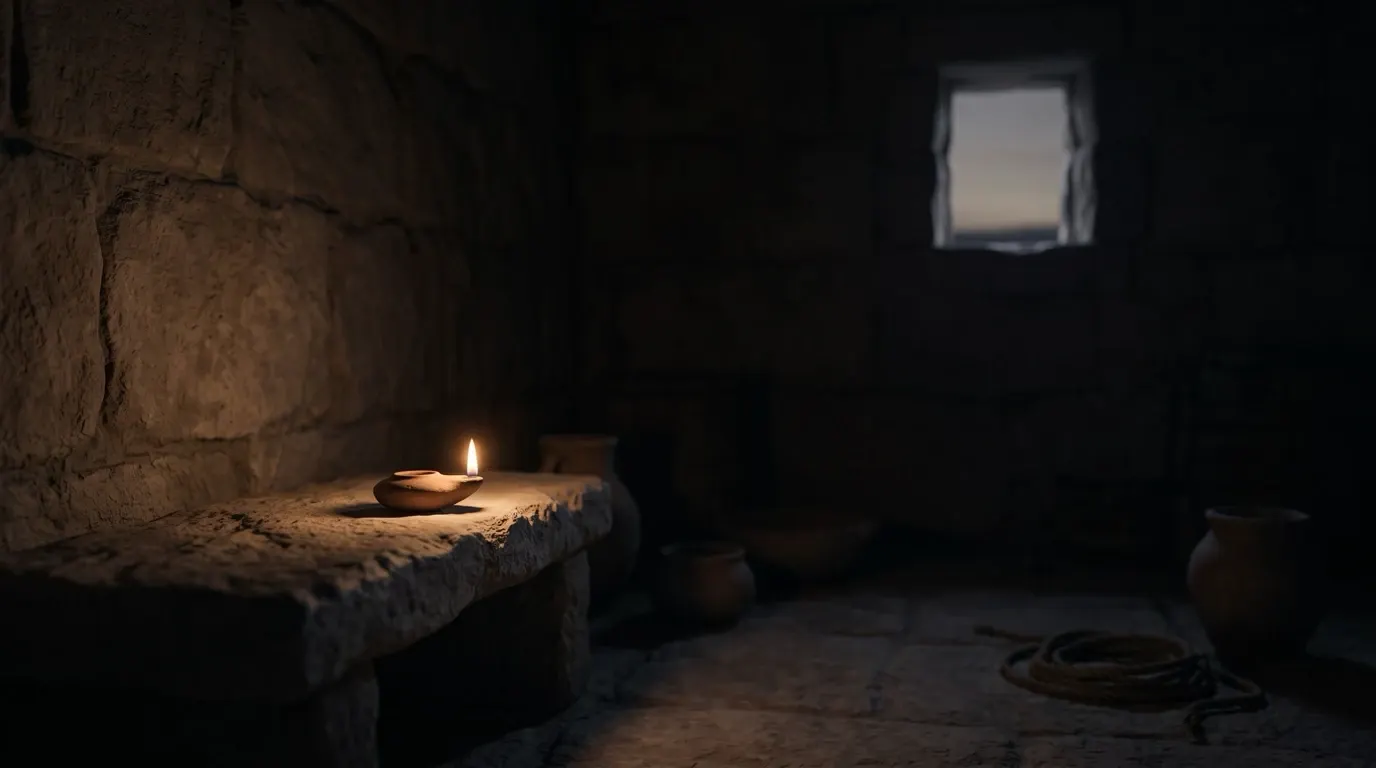 A small clay lamp burning in a dark stone room, the first grey light at a small high window.