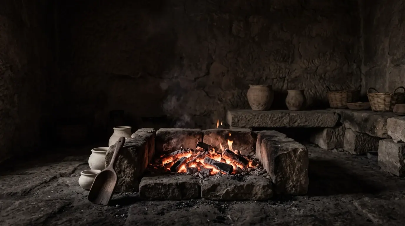 Embers glowing in a stone hearth, stirred back toward flame.