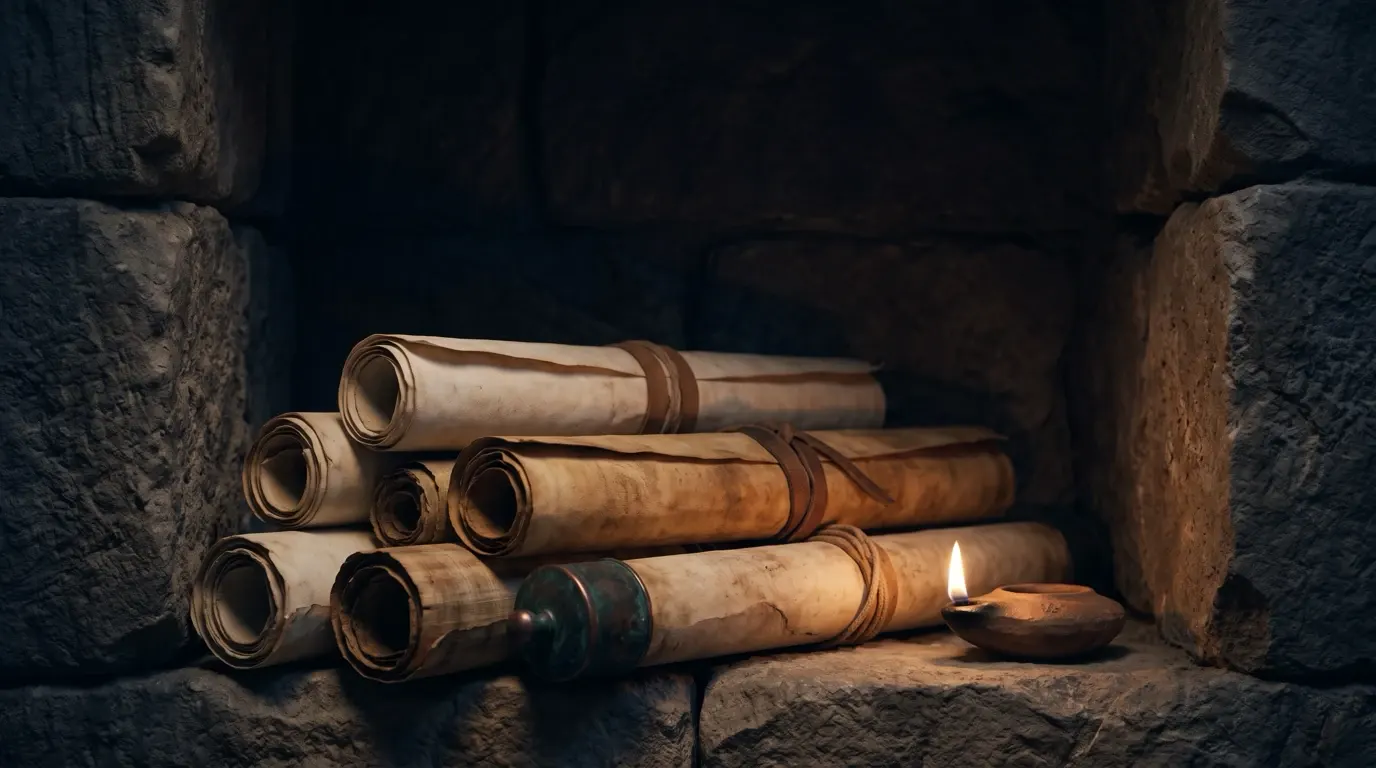 Closed scrolls laid in a niche of a stone wall.
