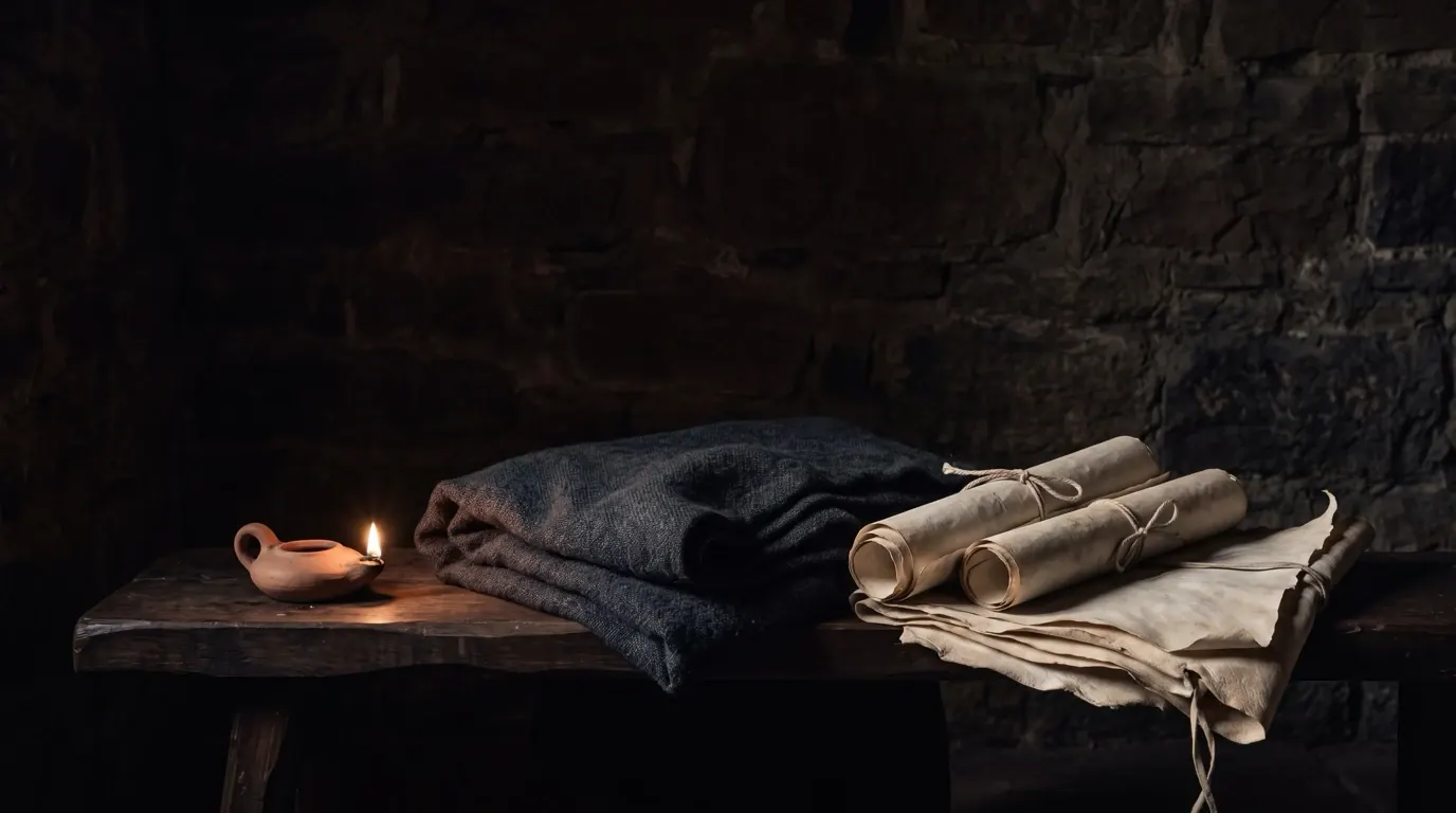 A folded wool cloak, scrolls and a bundle of parchments on a wooden bench.