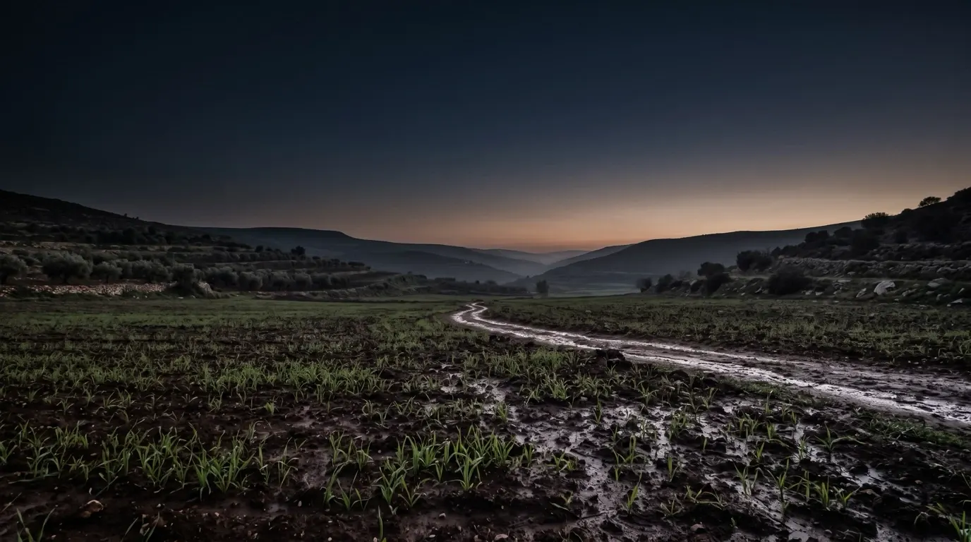 New green shoots pushing through dark wet earth across a wide valley.