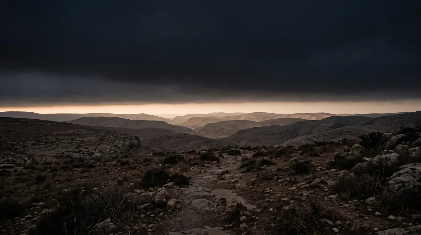 A low sky of heavy black cloud pressing down over bare hills, one thin line of light along the horizon.